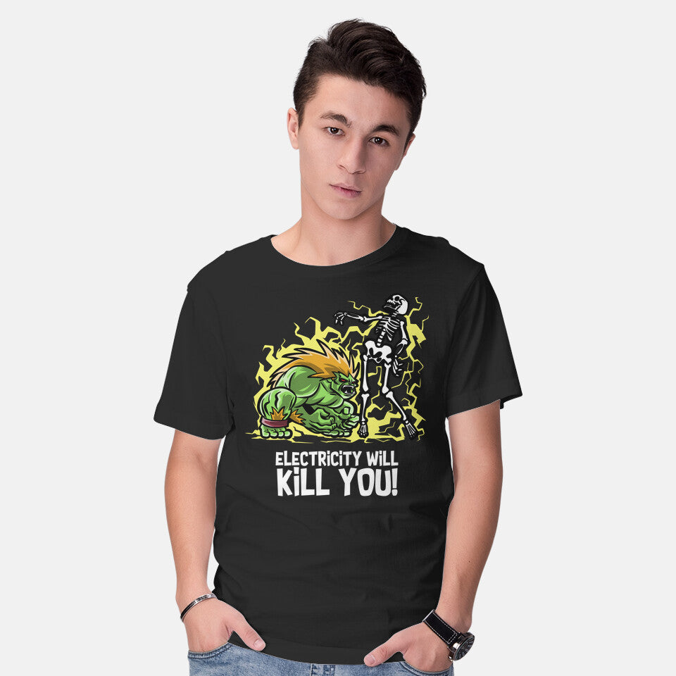 Model wearing black Electricity Will Kill You Graphic T-Shirt
