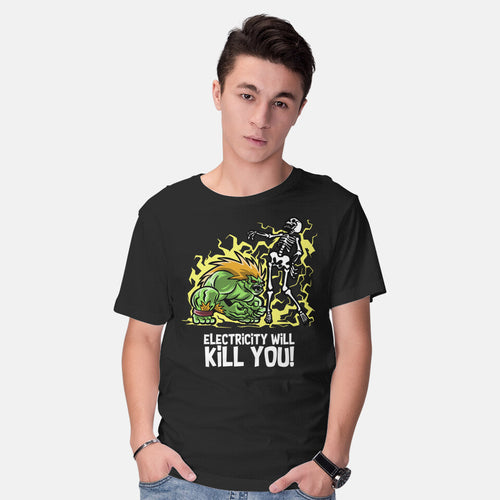 Model wearing black Electricity Will Kill You Graphic T-Shirt