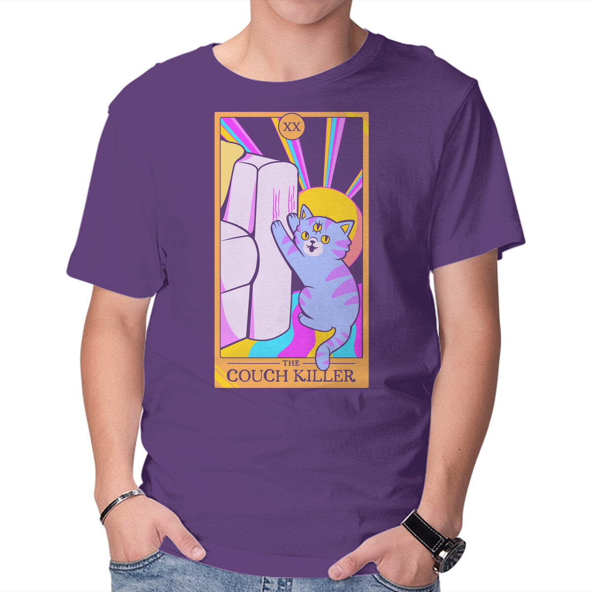 Cat The Couch Killer – Cat Graphic T-Shirt in purple, product display