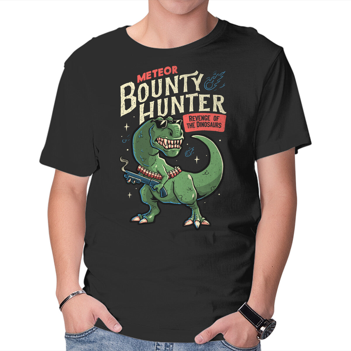 Meteor Bounty Hunter – Dinosaur Graphic T-Shirt in black, product display