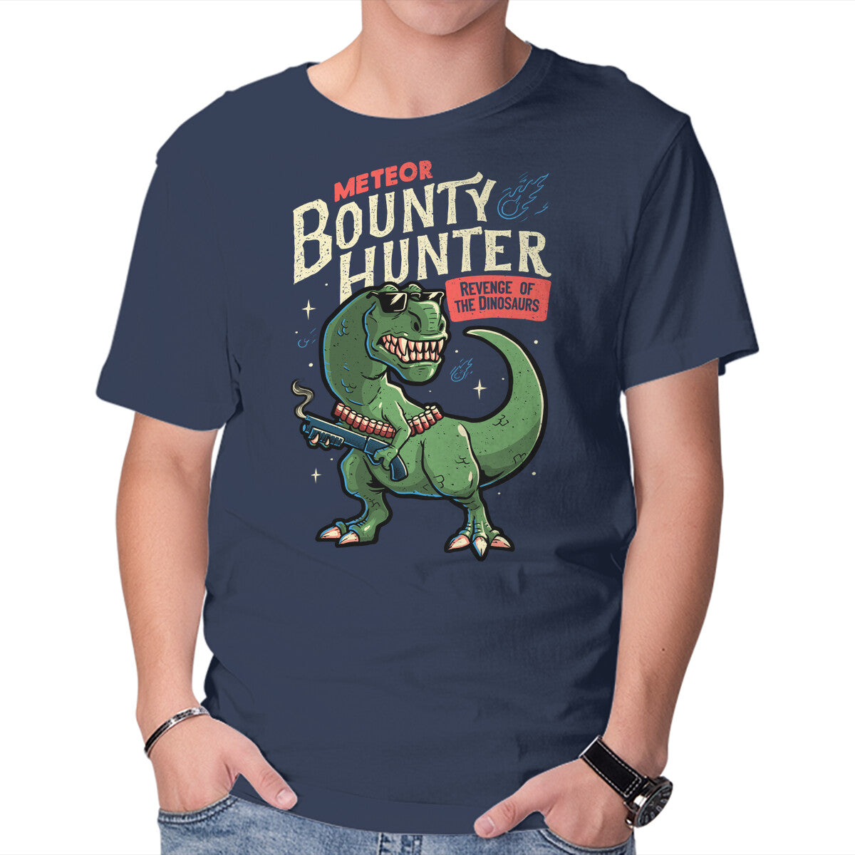 Meteor Bounty Hunter – Dinosaur Graphic T-Shirt in navy, product display