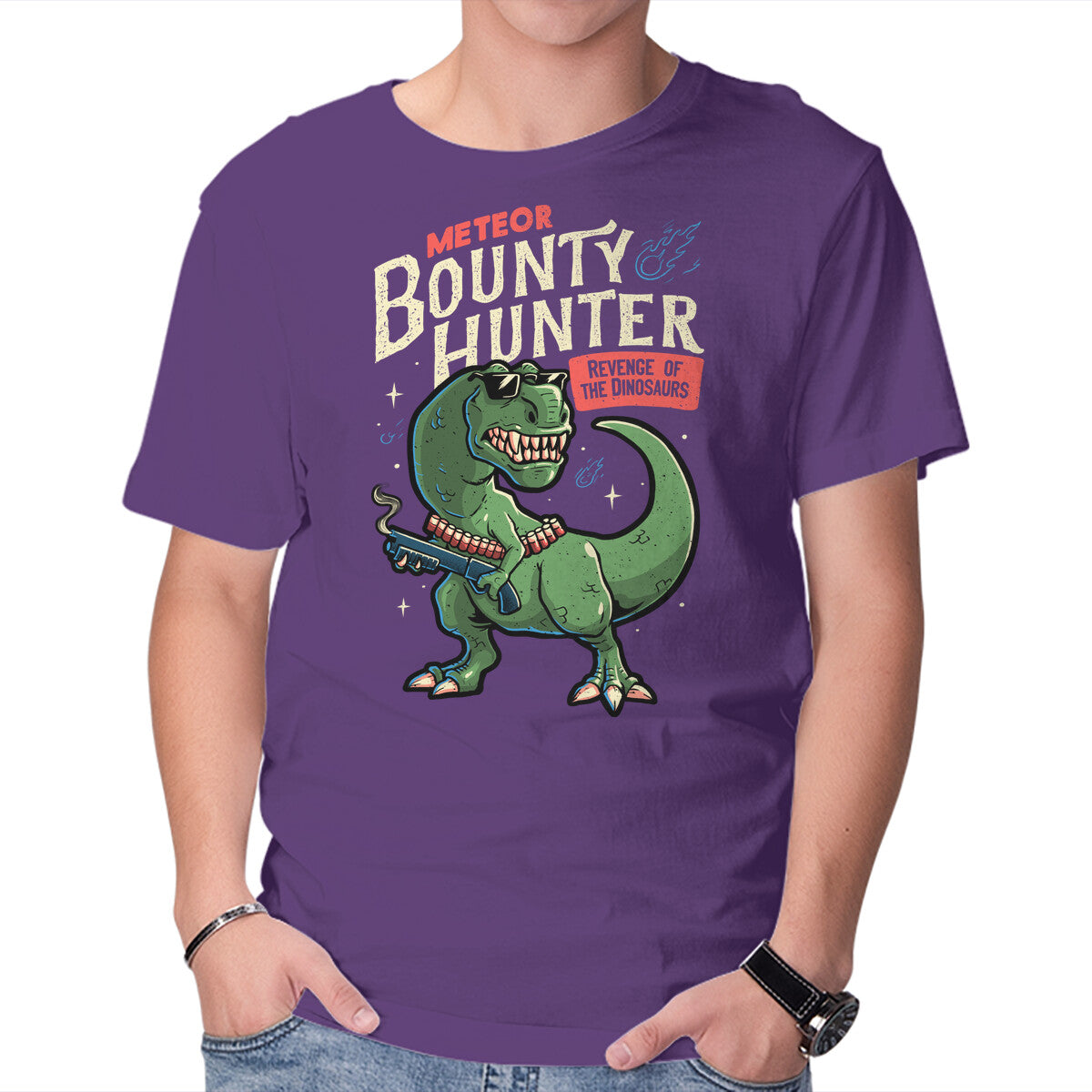 Meteor Bounty Hunter – Dinosaur Graphic T-Shirt in purple, product display