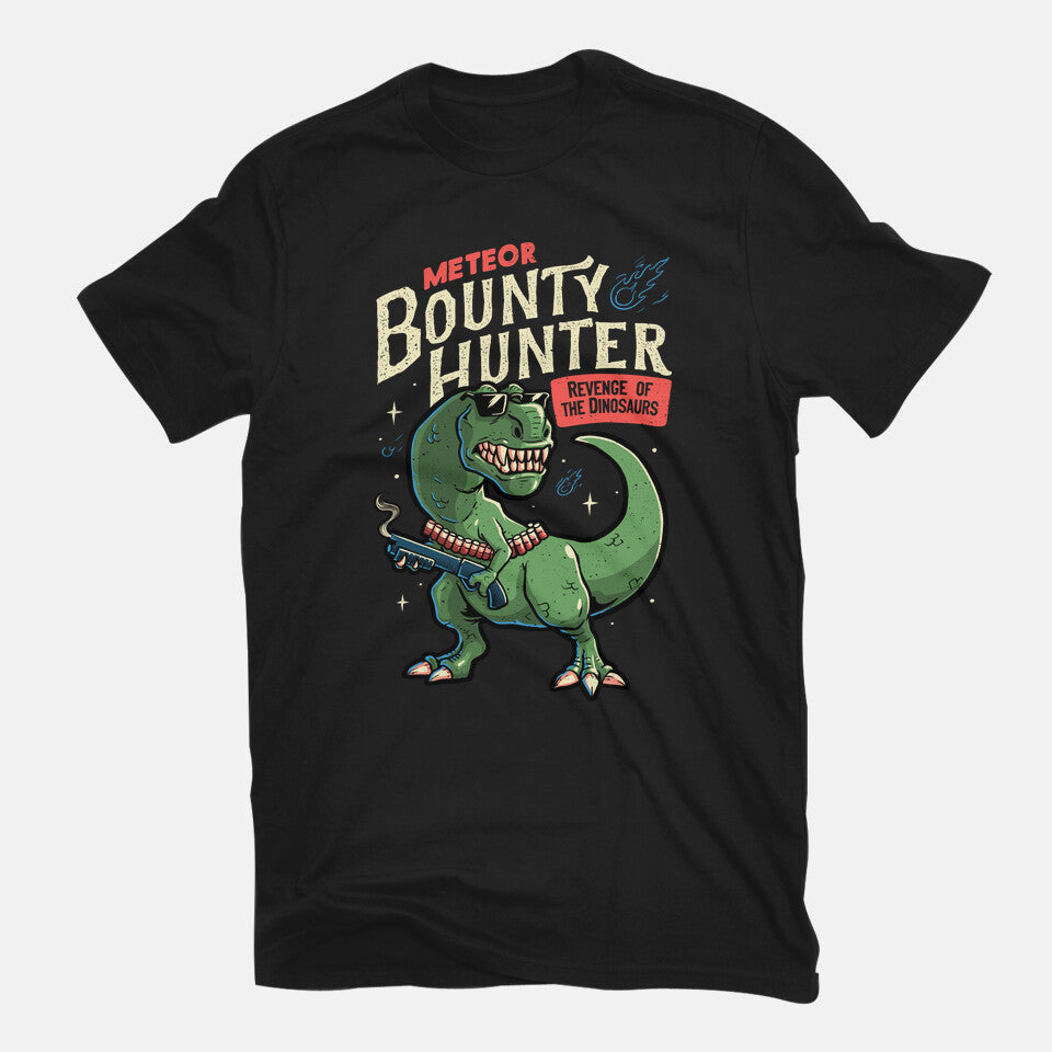 Meteor Bounty Hunter – Dinosaur Graphic T-Shirt in black, flat-lay product view