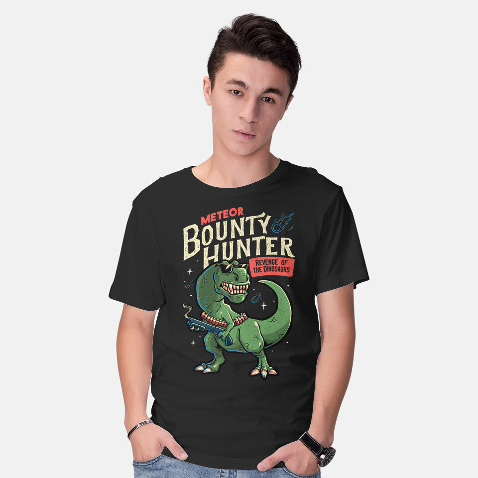 Model wearing black Meteor Bounty Hunter – Dinosaur Graphic T-Shirt