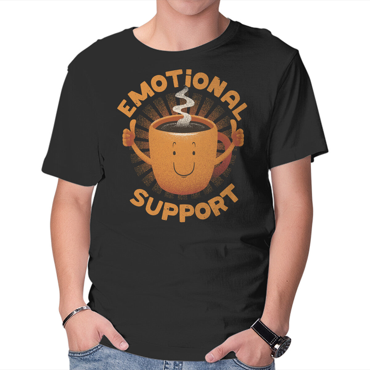Emotional Support Coffee – Coffee Graphic T-Shirt in black, product display