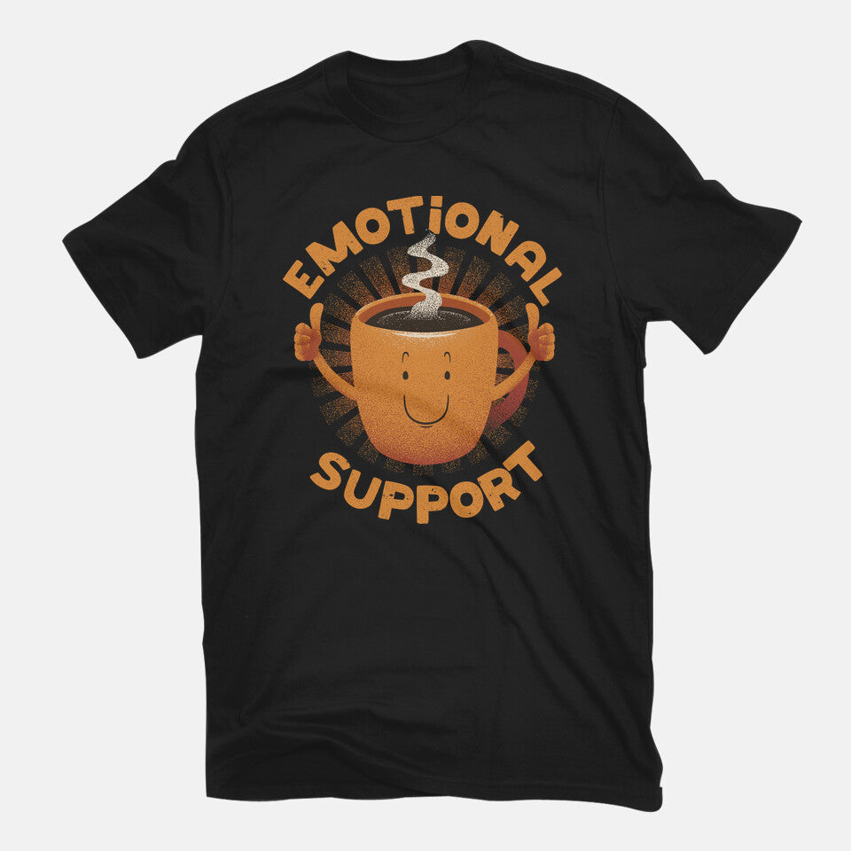 Emotional Support Coffee – Coffee Graphic T-Shirt in black, flat-lay product view