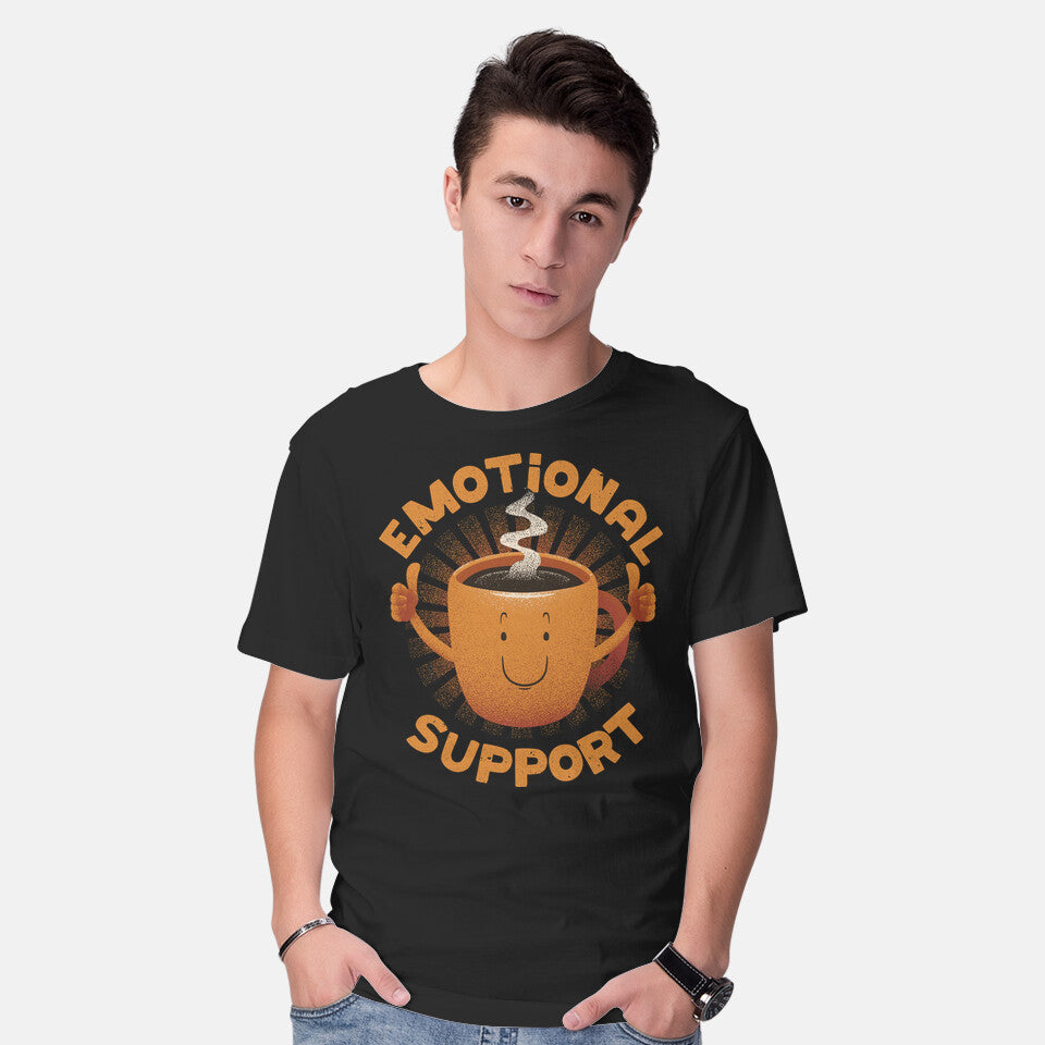 Model wearing black Emotional Support Coffee – Coffee Graphic T-Shirt