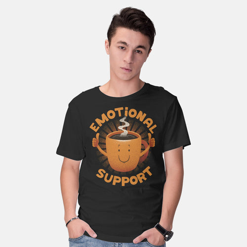 Model wearing black Emotional Support Coffee – Coffee Graphic T-Shirt