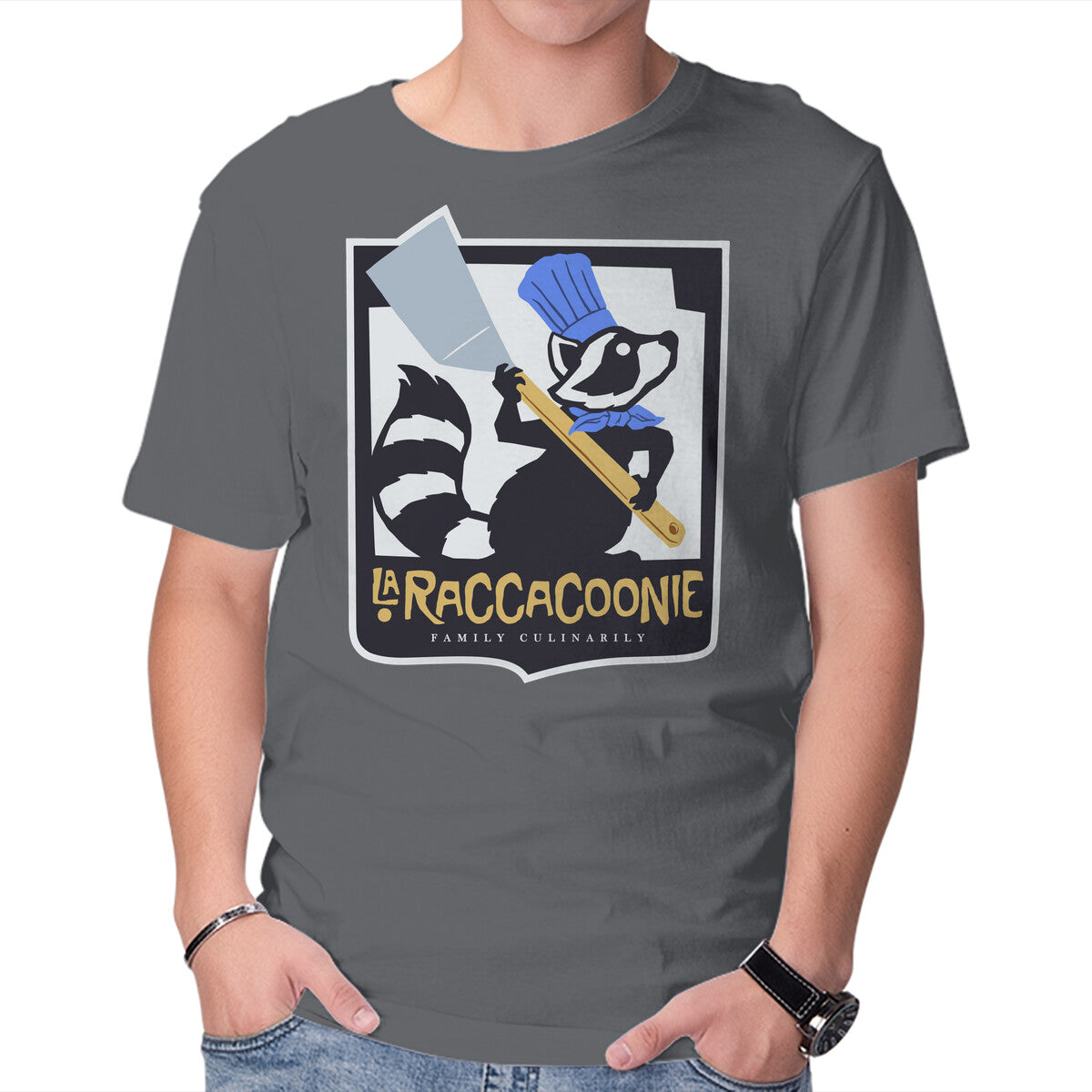 La Raccacoonie – Animal Graphic T-Shirt in charcoal, product display