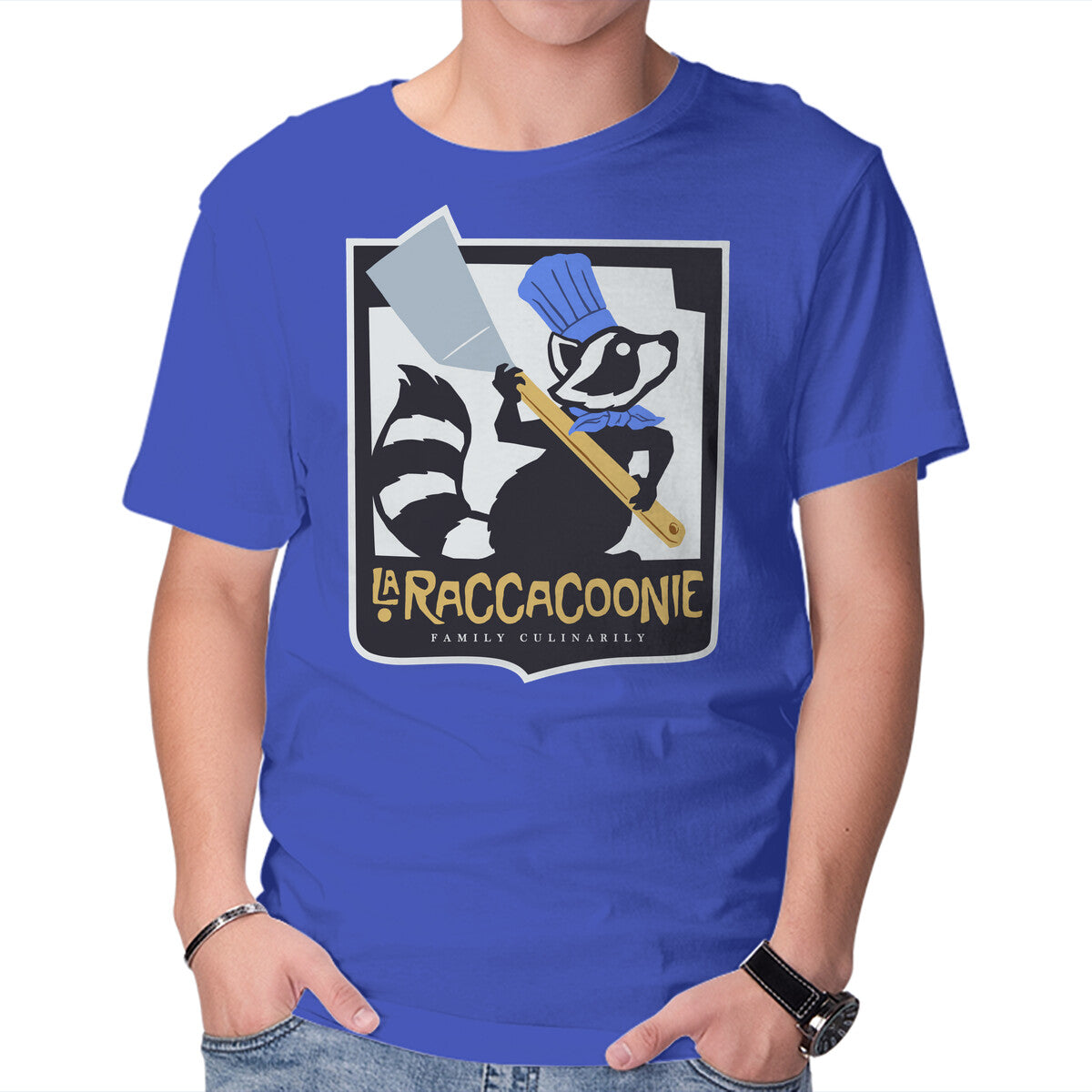 La Raccacoonie – Animal Graphic T-Shirt in royal blue, product display