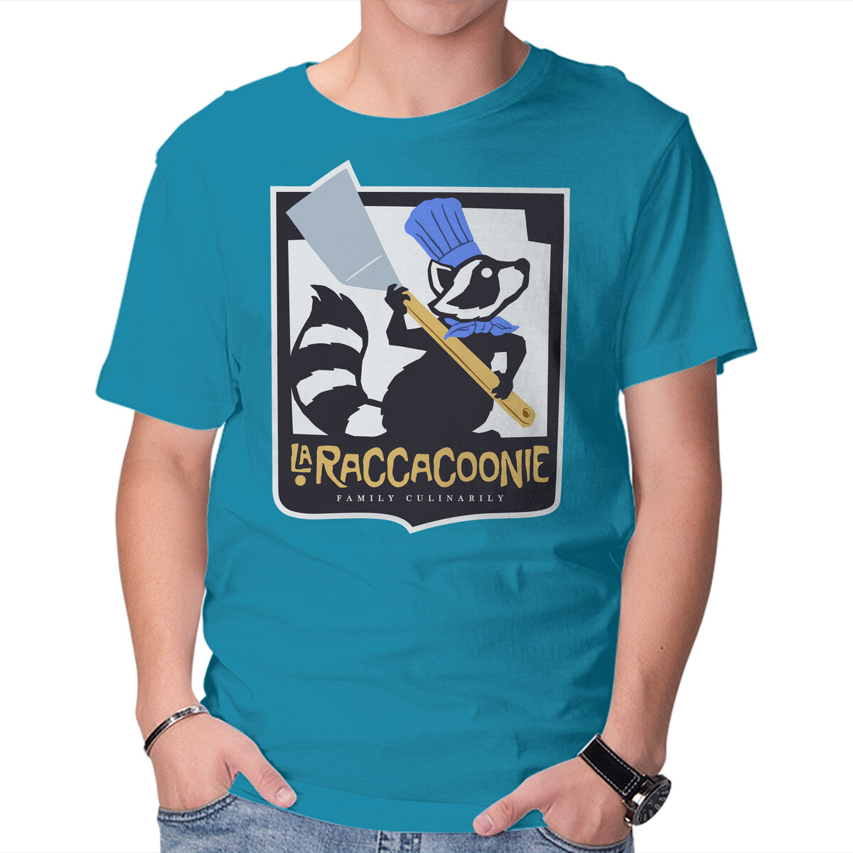 La Raccacoonie – Animal Graphic T-Shirt in turquoise, product display