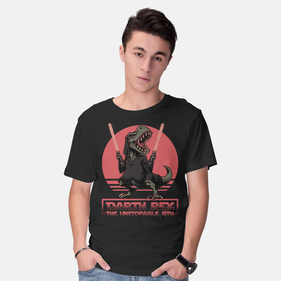 Model wearing black Darth Rex – Sci-Fi Graphic T-Shirt