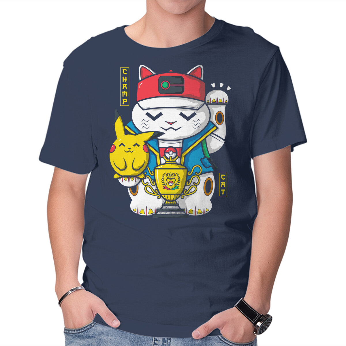 Champ Cat – Anime Graphic T-Shirt in navy, product display