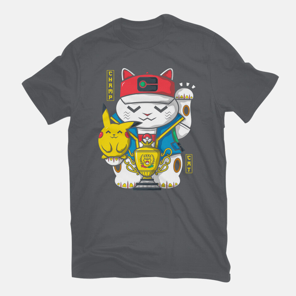Champ Cat – Anime Graphic T-Shirt in charcoal, flat-lay product view
