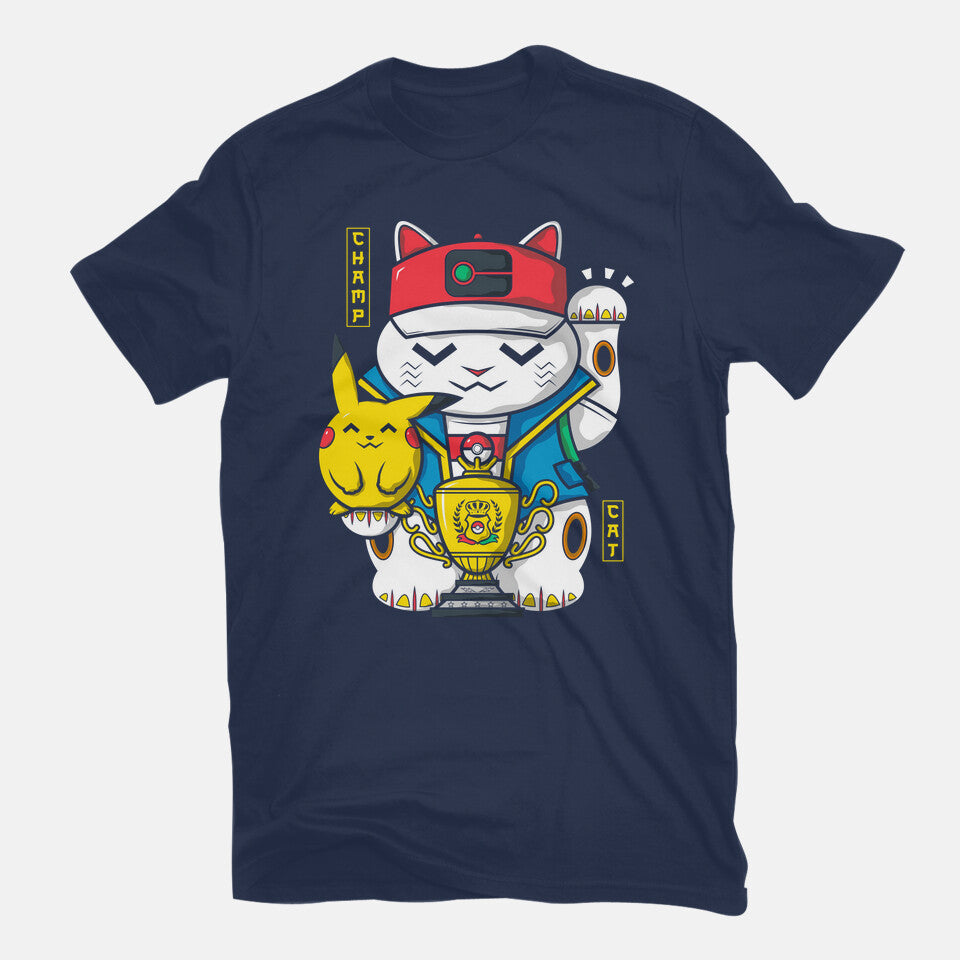 Champ Cat – Anime Graphic T-Shirt in navy, flat-lay product view