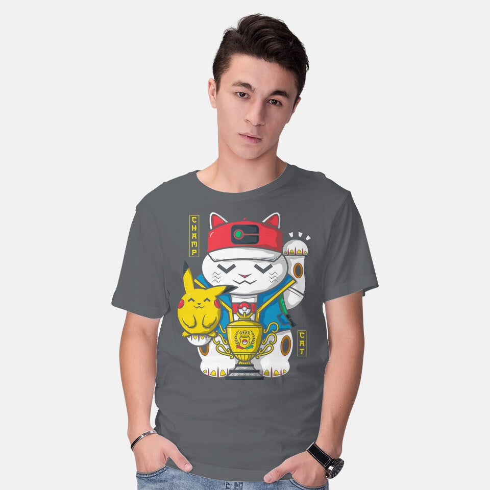 Model wearing charcoal Champ Cat – Anime Graphic T-Shirt