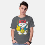 Model wearing charcoal Champ Cat – Anime Graphic T-Shirt