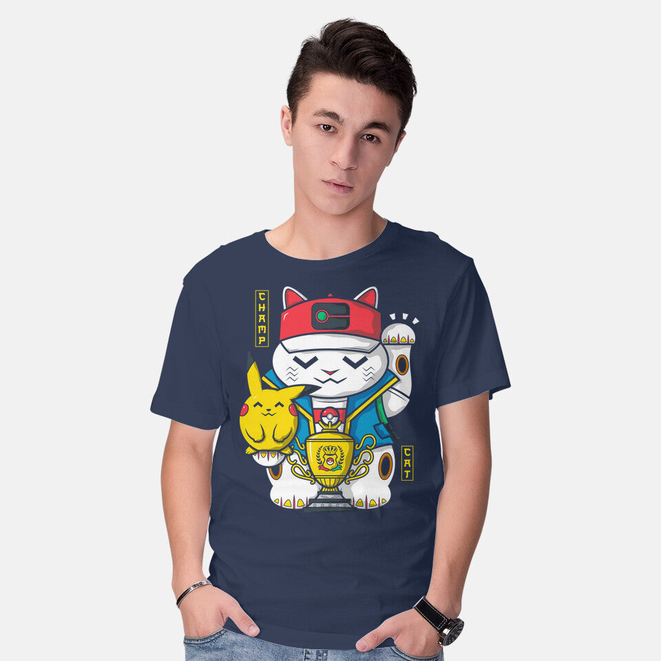 Model wearing navy Champ Cat – Anime Graphic T-Shirt