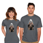 Model wearing charcoal Stellar – Sci-Fi Graphic T-Shirt