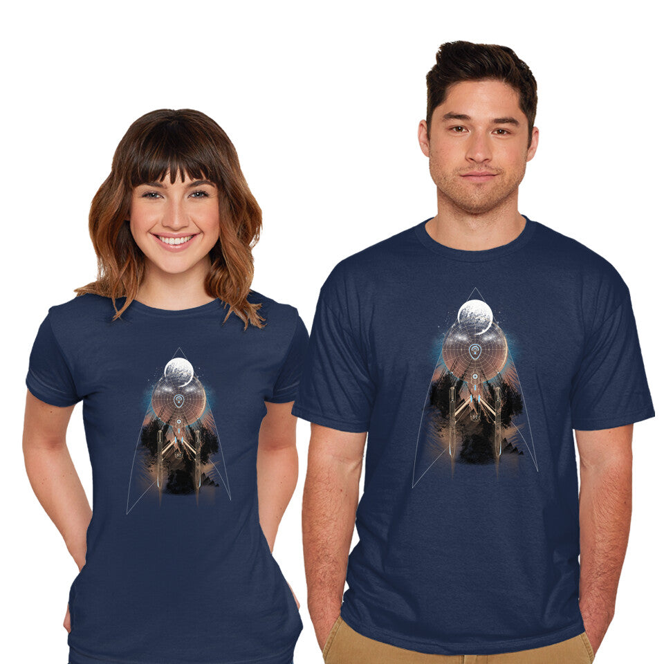 Model wearing navy Stellar – Sci-Fi Graphic T-Shirt