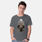 Model wearing charcoal Stellar – Sci-Fi Graphic T-Shirt
