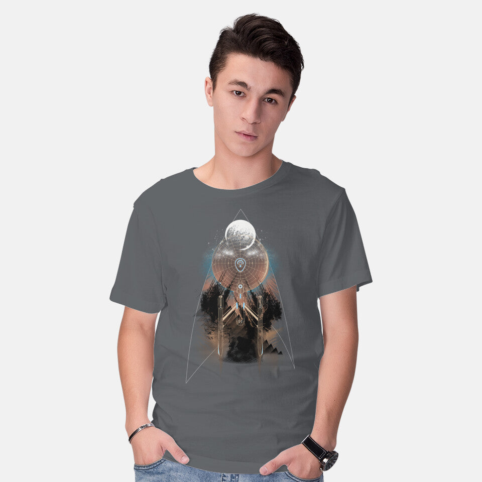 Model wearing charcoal Stellar – Sci-Fi Graphic T-Shirt