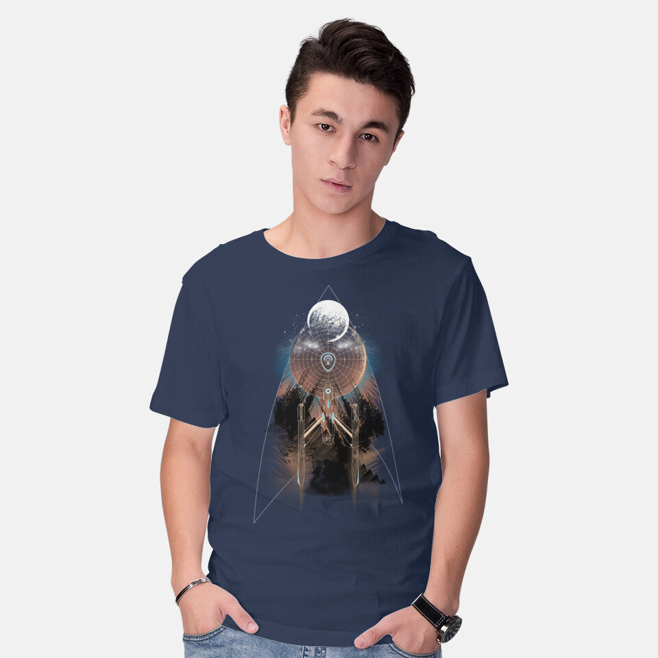 Model wearing navy Stellar – Sci-Fi Graphic T-Shirt