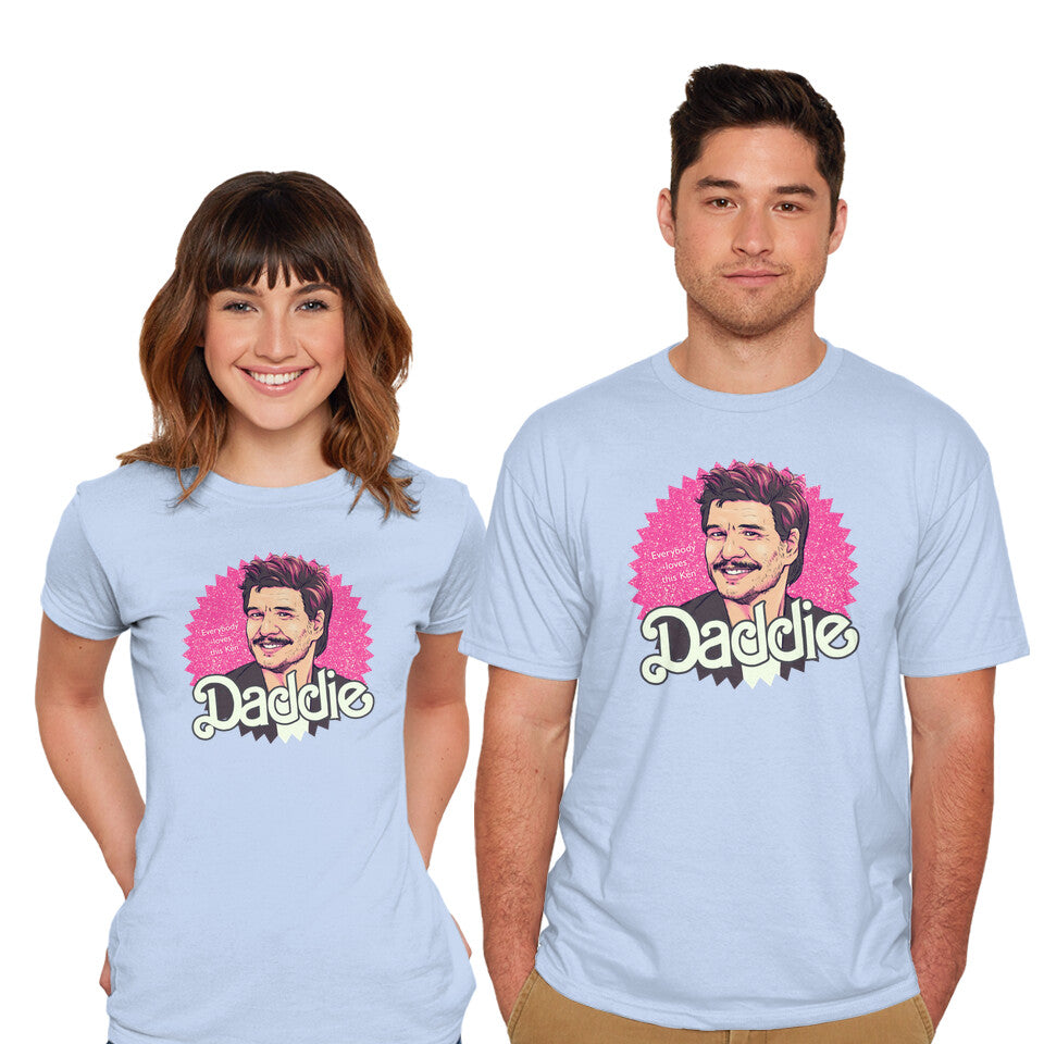 Model wearing blue Daddie – Movie Graphic T-Shirt