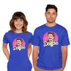 Model wearing royal blue Daddie – Movie Graphic T-Shirt
