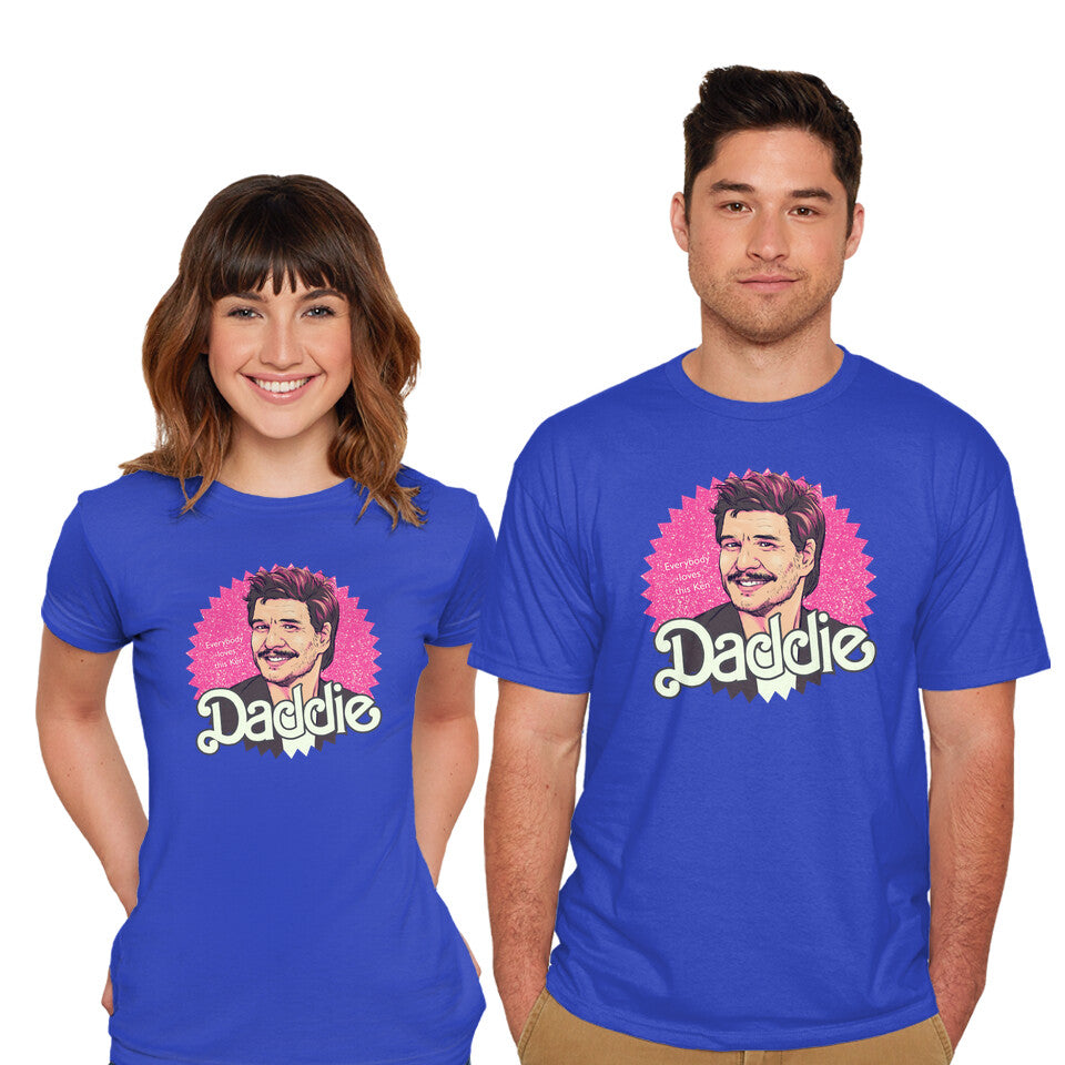 Model wearing royal blue Daddie – Movie Graphic T-Shirt