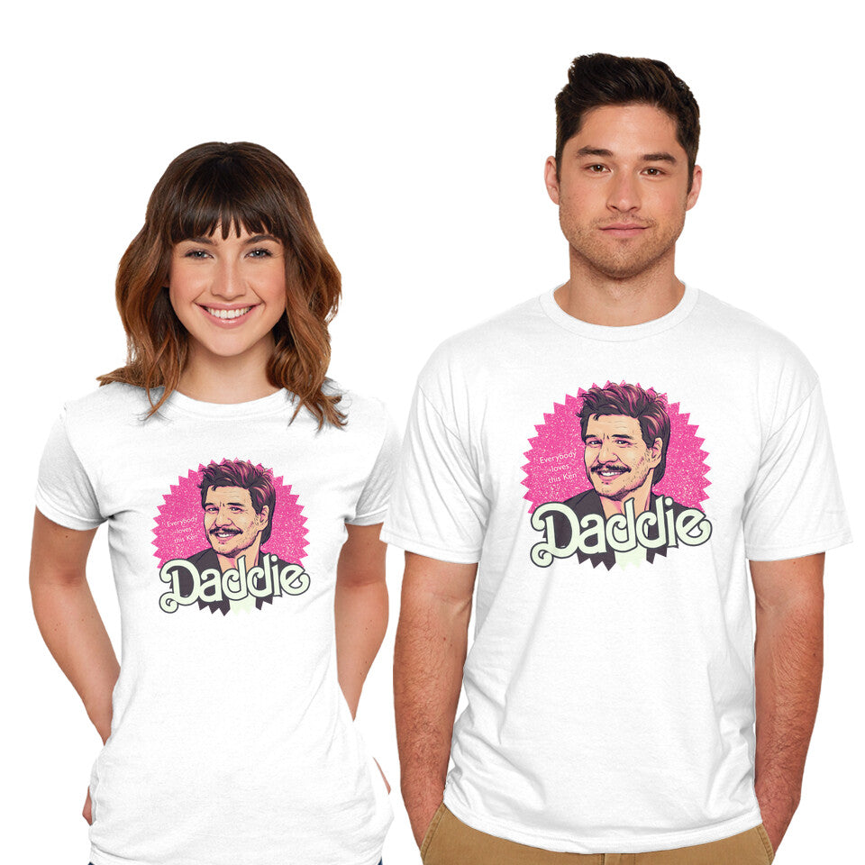 Model wearing white Daddie – Movie Graphic T-Shirt