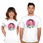 Model wearing white Daddie – Movie Graphic T-Shirt