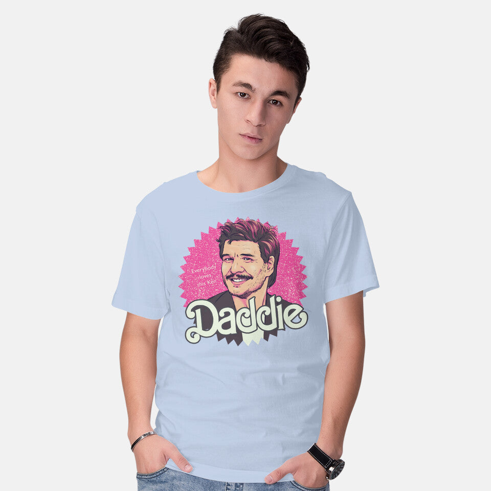 Model wearing blue Daddie – Movie Graphic T-Shirt