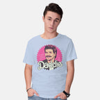Model wearing blue Daddie – Movie Graphic T-Shirt