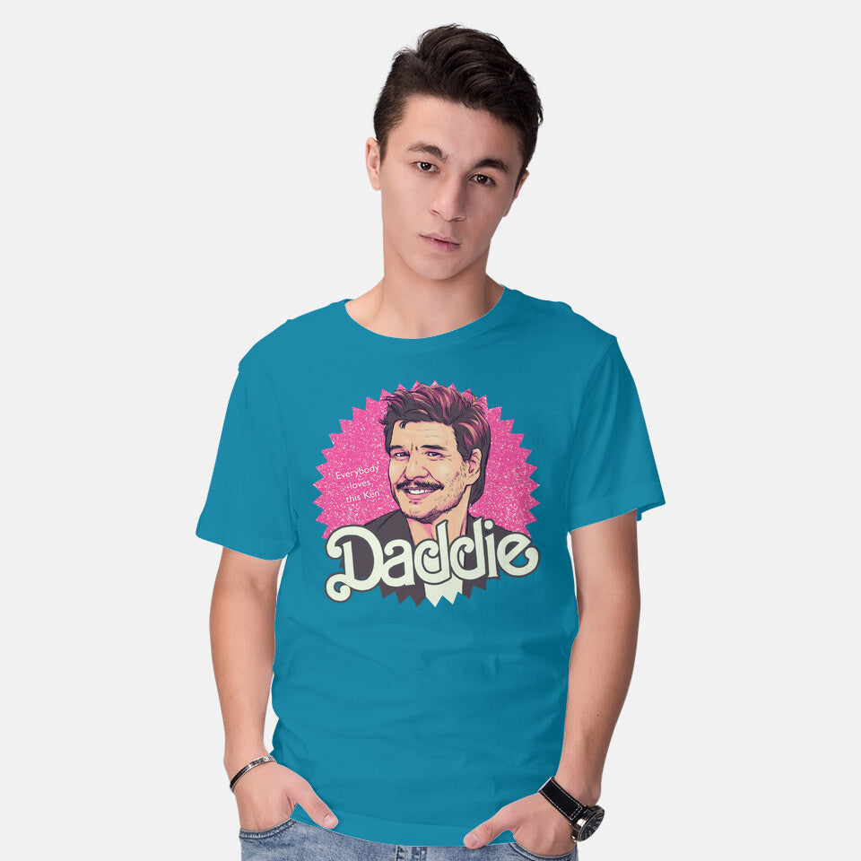 Model wearing turquoise Daddie – Movie Graphic T-Shirt