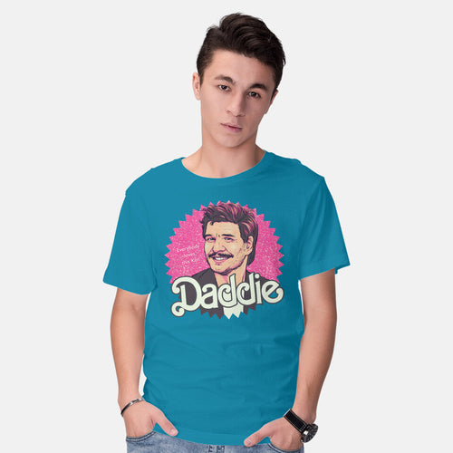 Model wearing turquoise Daddie – Movie Graphic T-Shirt