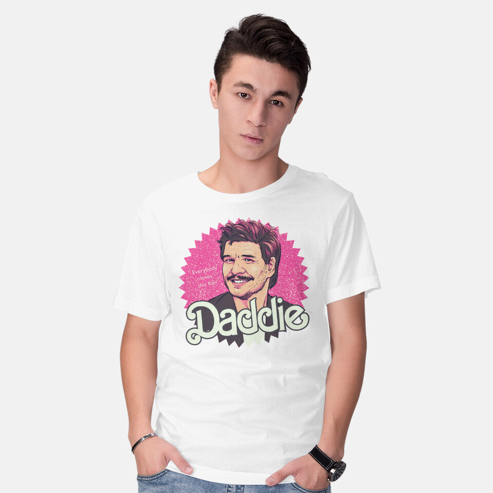 Model wearing white Daddie – Movie Graphic T-Shirt