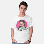 Model wearing white Daddie – Movie Graphic T-Shirt