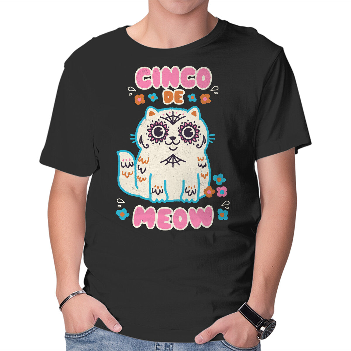 Cinco De Meow – Cat Graphic T-Shirt in black, product display