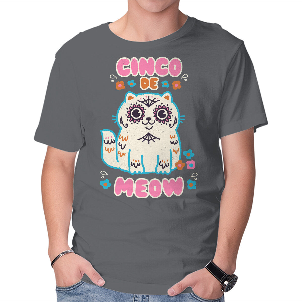 Cinco De Meow – Cat Graphic T-Shirt in charcoal, product display