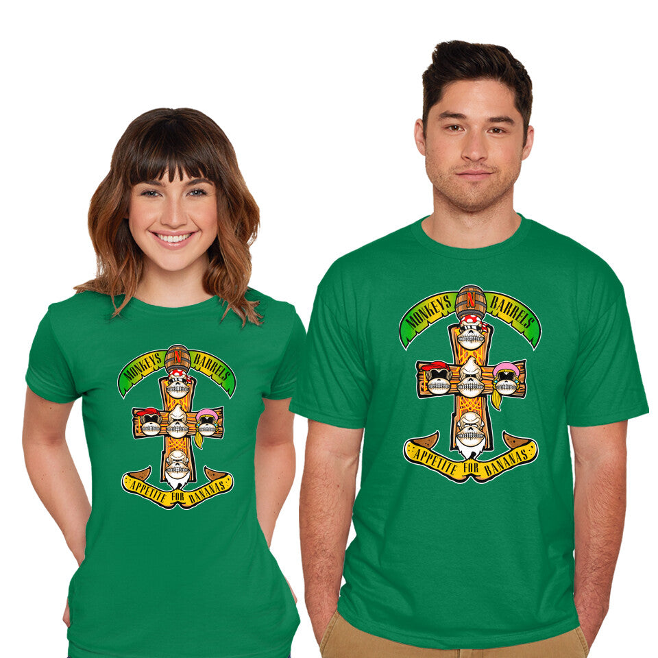 Model wearing green Appetite For Bananas – Music Graphic T-Shirt