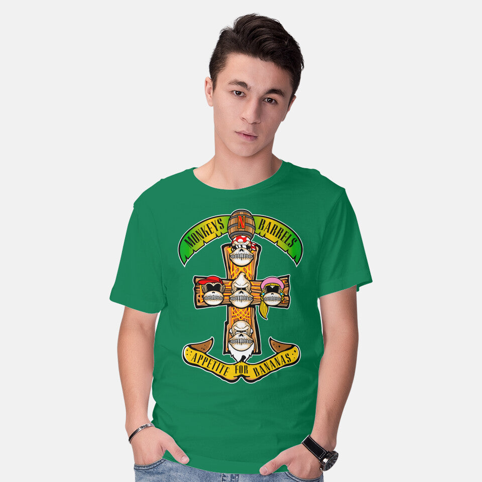 Model wearing green Appetite For Bananas – Music Graphic T-Shirt