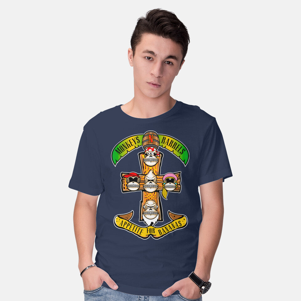 Model wearing navy Appetite For Bananas – Music Graphic T-Shirt