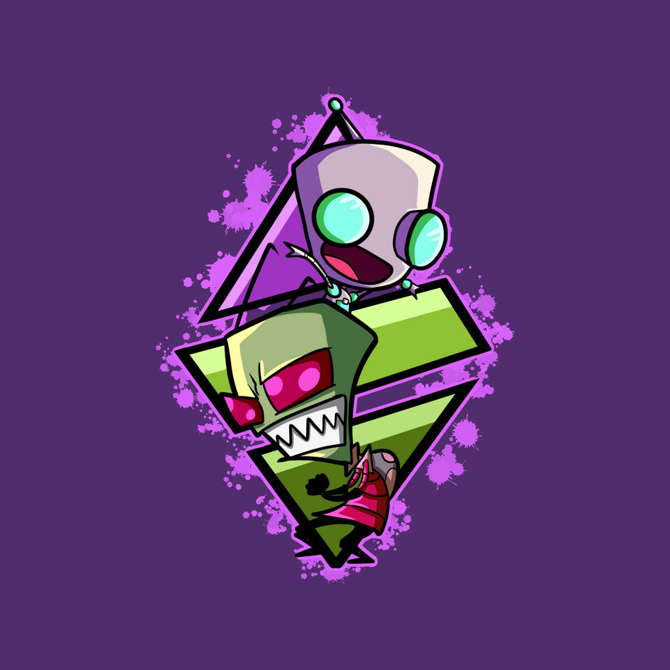 Invader And Robot – Funny Graphic T-Shirt design artwork for purple graphic T-shirt