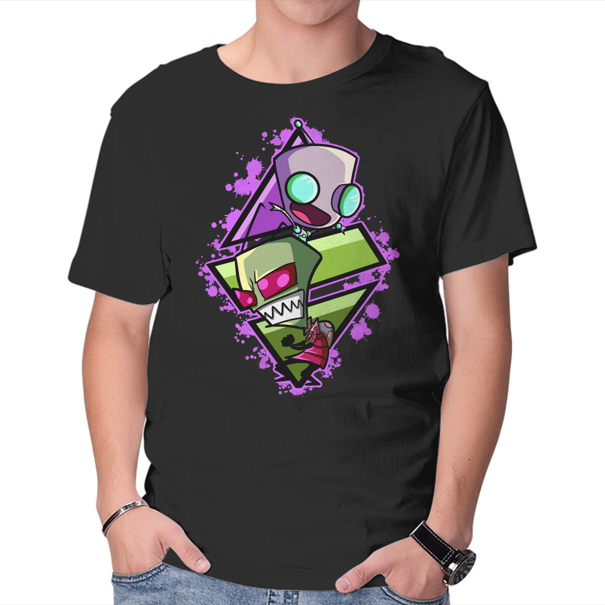 Invader And Robot – Funny Graphic T-Shirt in black, product display