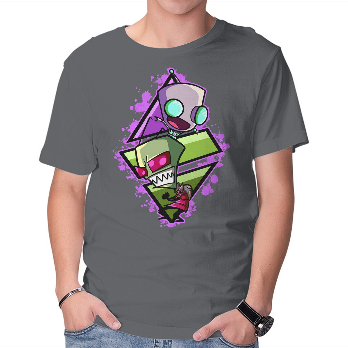 Invader And Robot – Funny Graphic T-Shirt in charcoal, product display
