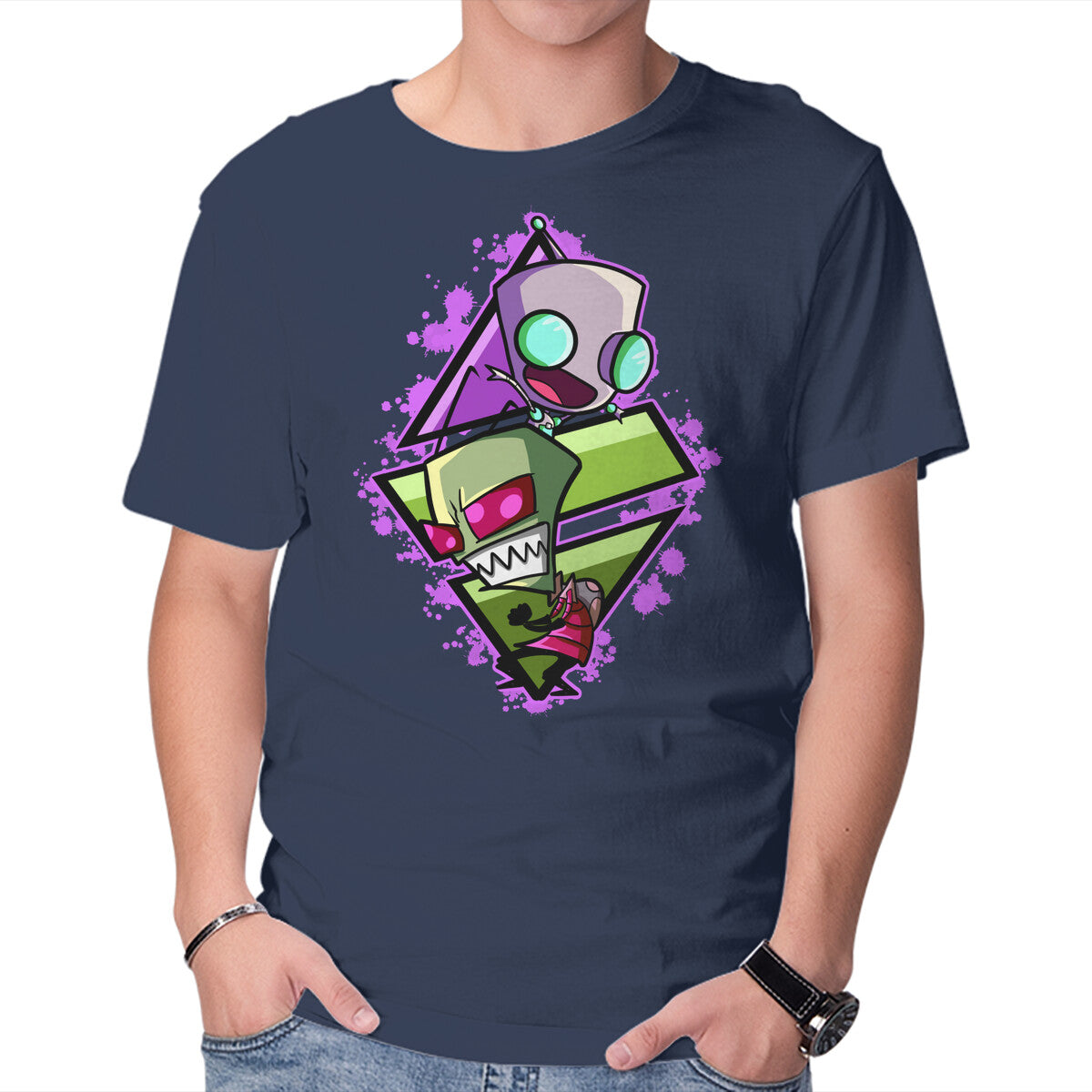 Invader And Robot – Funny Graphic T-Shirt in navy, product display