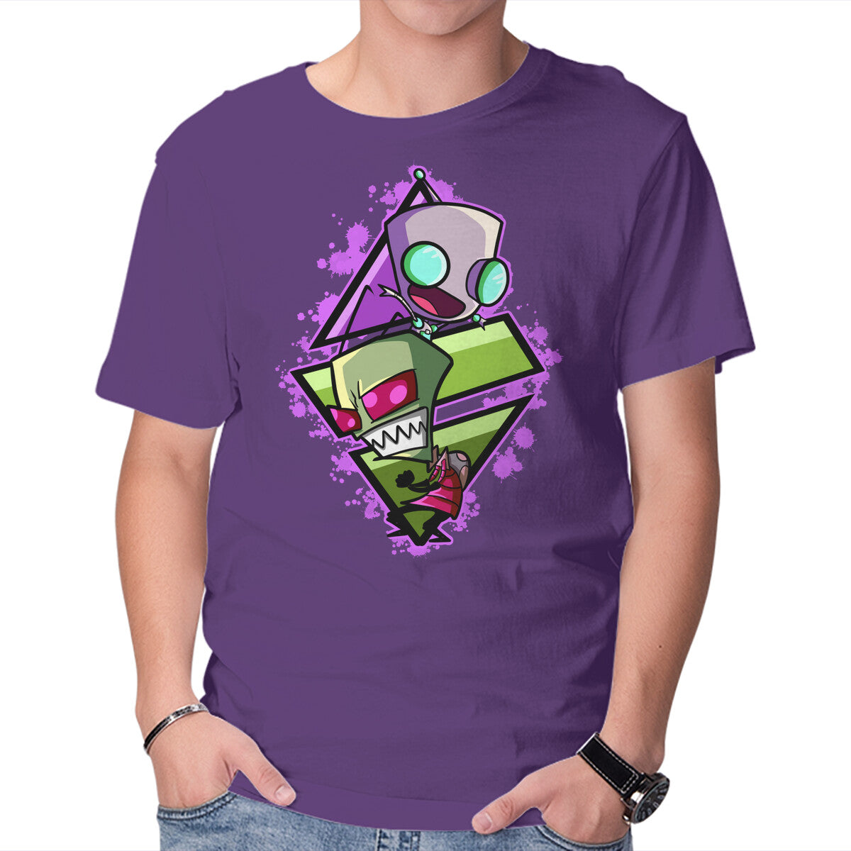 Invader And Robot – Funny Graphic T-Shirt in purple, product display