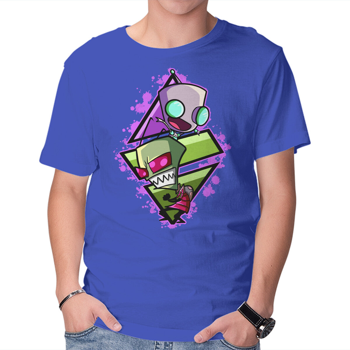 Invader And Robot – Funny Graphic T-Shirt in royal blue, product display