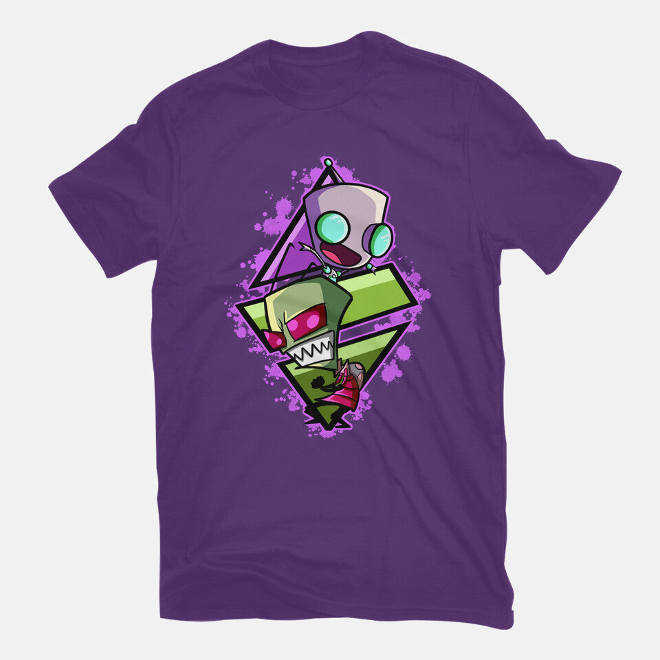 Invader And Robot – Funny Graphic T-Shirt in purple, flat-lay product view